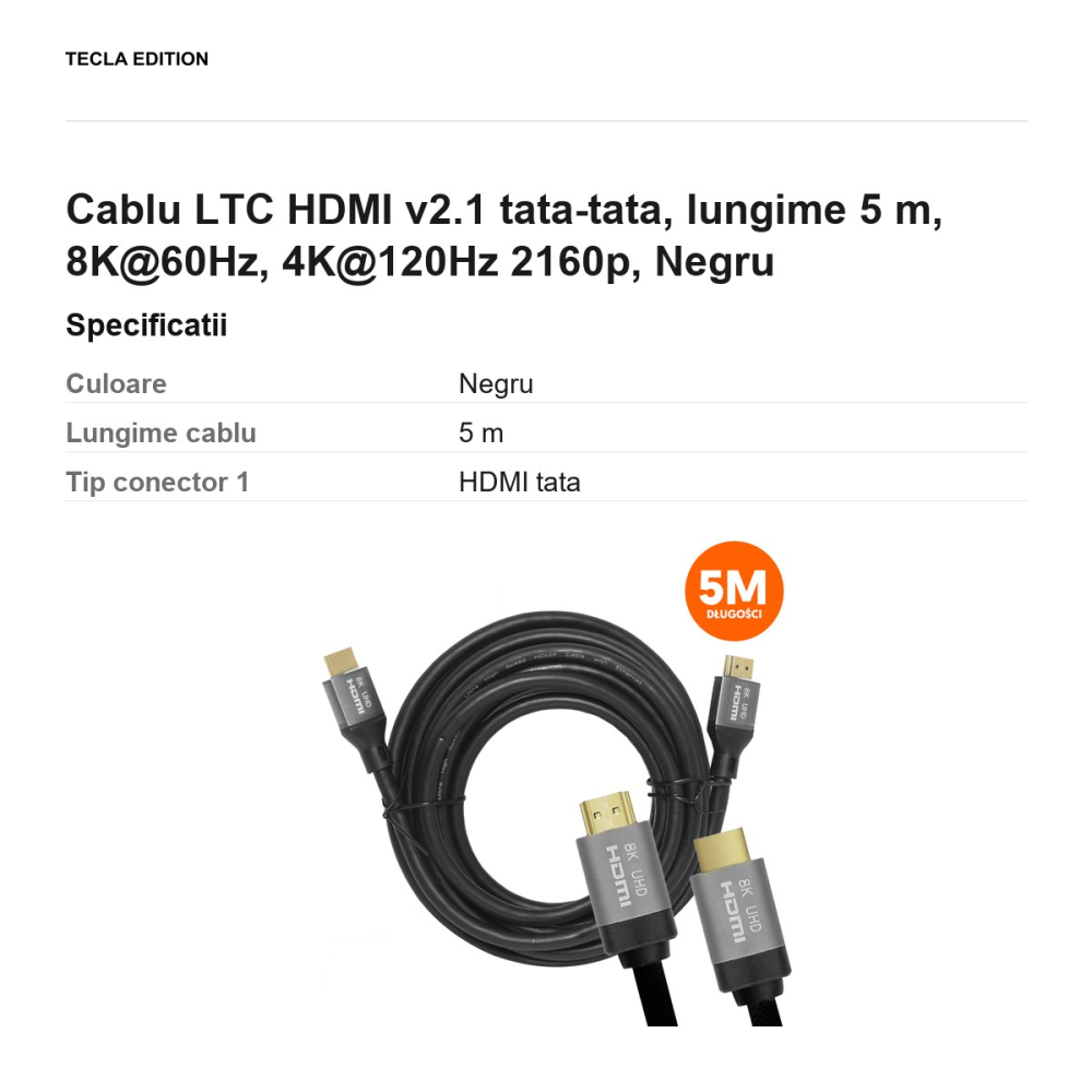 Cablu LTC HDMI v2.1 tata-tata, lungime 5 m, 8K@60Hz, 4K@120Hz 2160p, Negru [3]