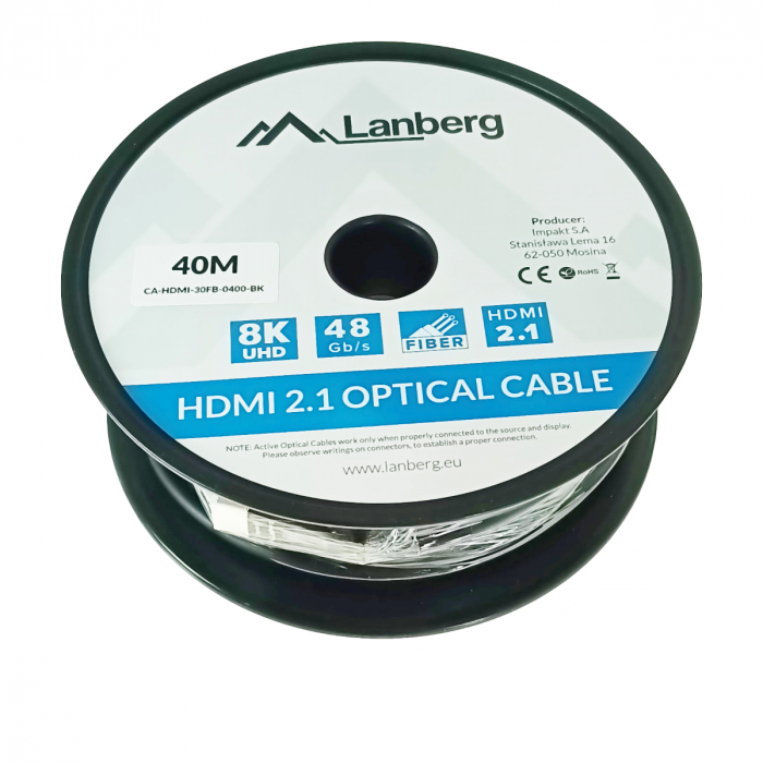 Cablu optic HDMI v.2.1, 40m, 8K-60Hz, tata-tata, Lanberg 43754, Ultra High Speed, DSC-10K, DSC, eARC, HDR10+, negru [4]