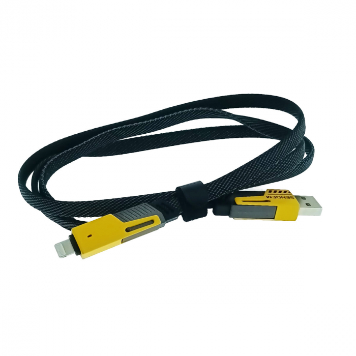 Cablu plat 4in1, Sendem M84, PD 27W si 65W, lungime 1m, invelis nylon impletit, capete ranforsate, conectori rotativi, in blister, negru cu galben [2]
