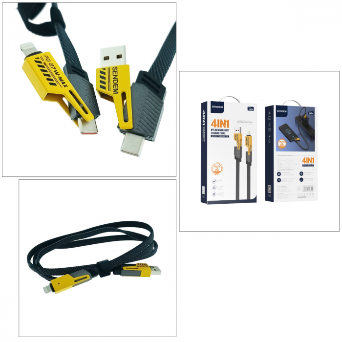 Cablu plat 4in1, Sendem M84, PD 27W si 65W, lungime 1m, invelis nylon impletit, capete ranforsate, conectori rotativi, in blister, negru cu galben [4]