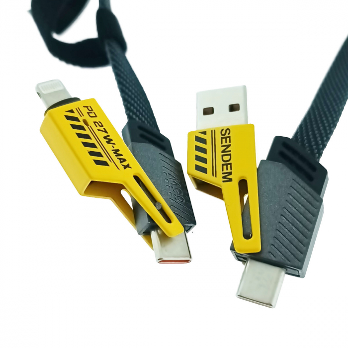 Cablu plat 4in1, Sendem M84, PD 27W si 65W, lungime 1m, invelis nylon impletit, capete ranforsate, conectori rotativi, in blister, negru cu galben [1]