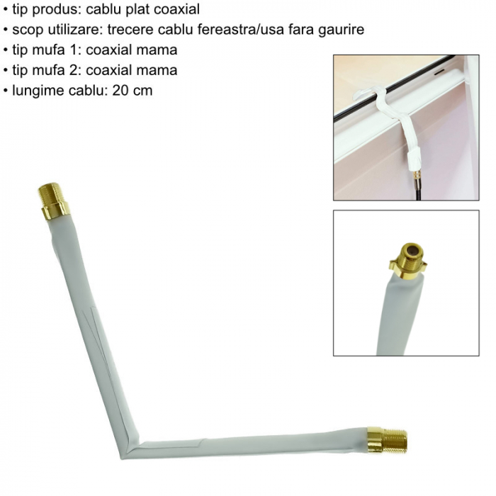 Cablu plat coaxial cu mufa mama-mama, TFF-20, pentru trecere fereastra/usa fara gaurire, 20 cm, alb [5]
