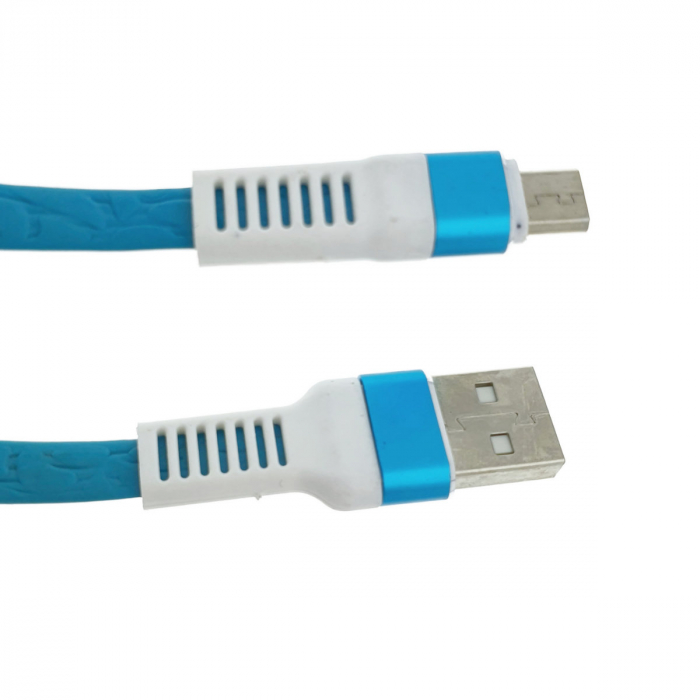 Cablu plat cu conectori protejati USB 2.0 tata la microUSB tata, lungime 1 metru, albastru cu alb [2]