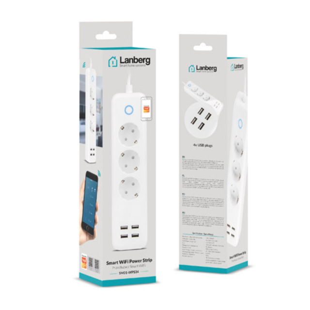 Cablu prelungitor de alimentare inteligenta, Lanberg Smart Home WiFi, 3 prize schuko 10 A, 4 x USB 2.1 A, 2300W, cablu 1.5 m, alb [5]