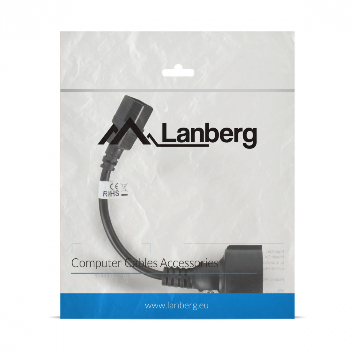 Cablu prelungitor de alimentare UPS, PC, 20 cm, Lanberg 40987, IEC 320 C14 la Schuko mama, negru [4]