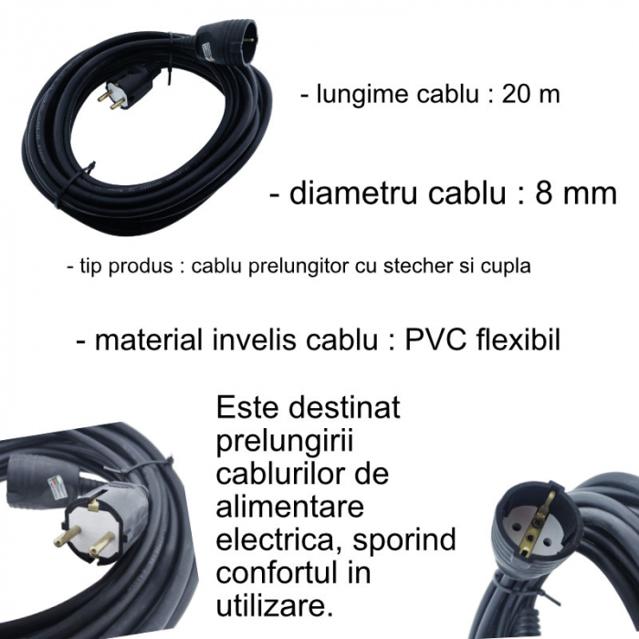 Cablu prelungitor, lungime 20m, pentru alimentare electrica, cu stecher si cupla cauciucate, material bachelita, negru [6]