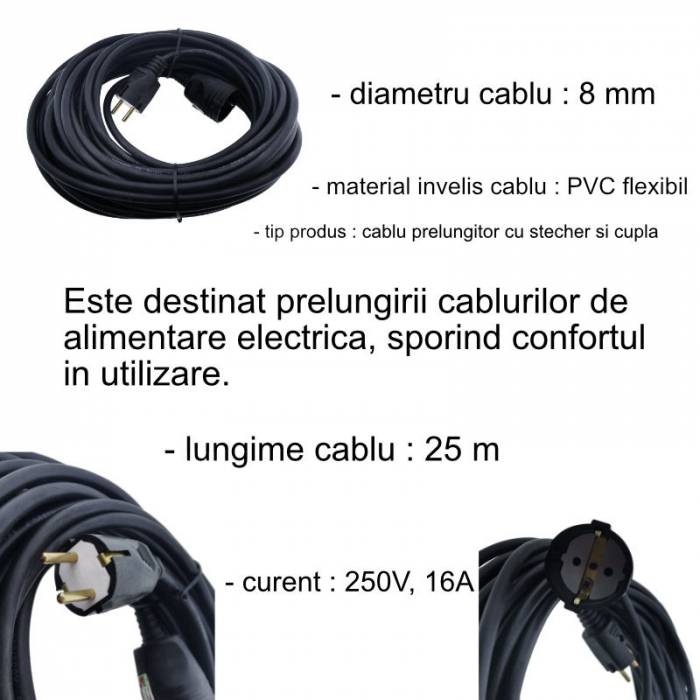 Cablu prelungitor, lungime 25m, pentru alimentare electrica, cu stecher si cupla cauciucate, material bachelita, negru [6]