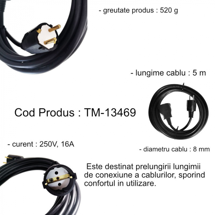 Cablu prelungitor pentru alimentare electrica, cu stecher si cupla cauciucate, material bachelita, lungime 5m, negru [5]