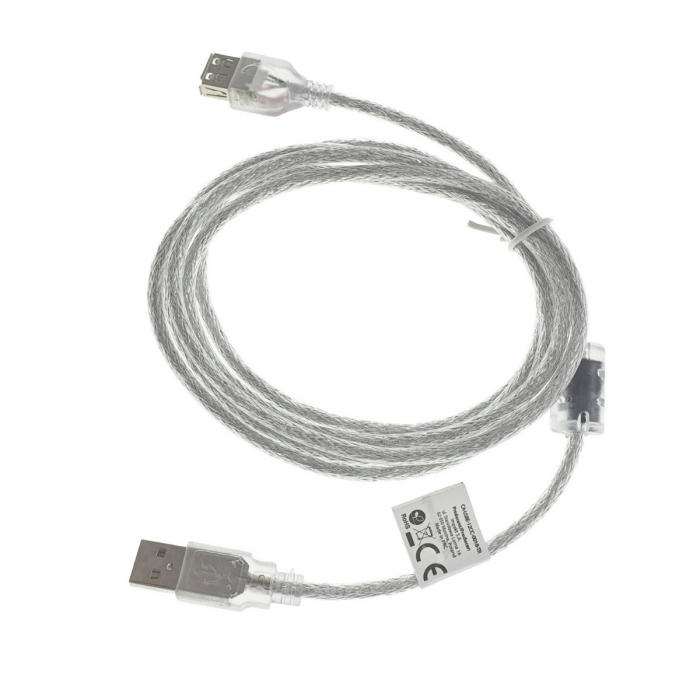 Cablu prelungitor USB 2.0 tata la USB 2.0 mama, Lanberg 41378, cu ferita, lungime 180 cm, transparent [2]
