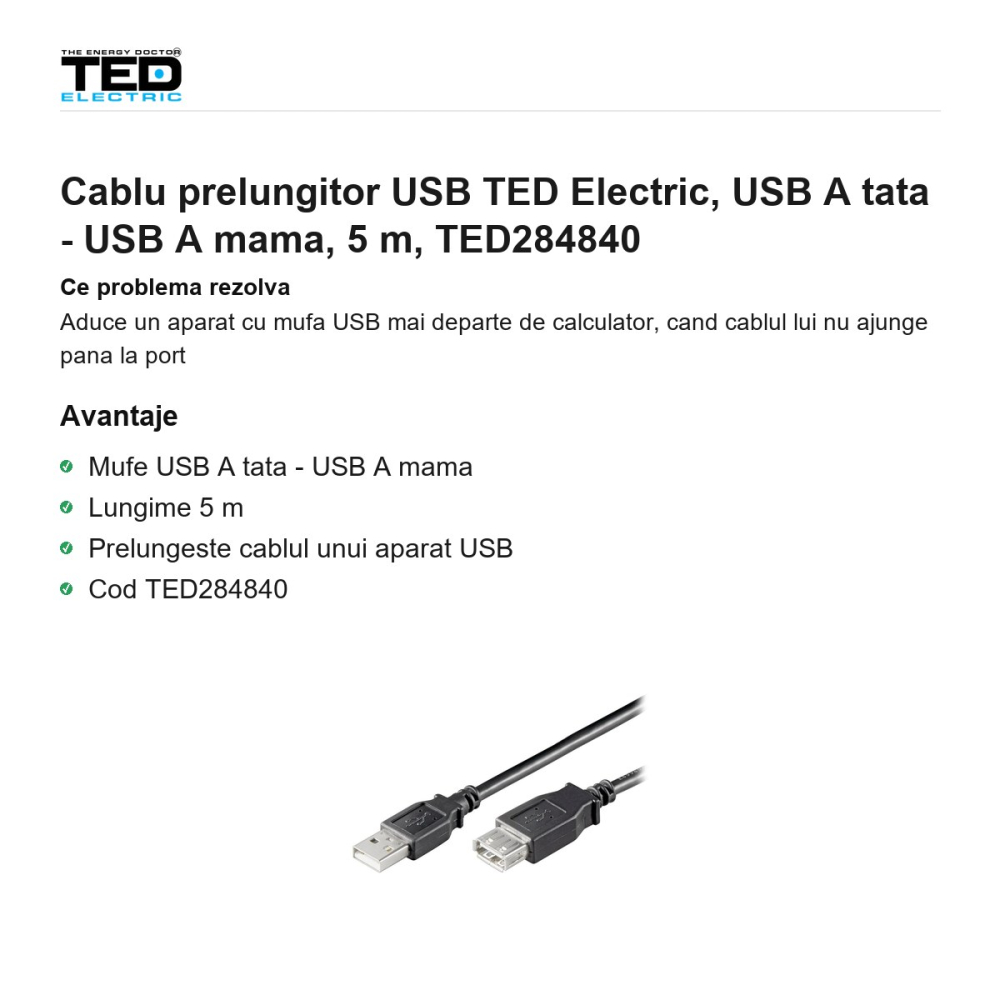 Cablu prelungitor USB TED Electric, USB A tata - USB A mama, 5 m, TED284840 [2]