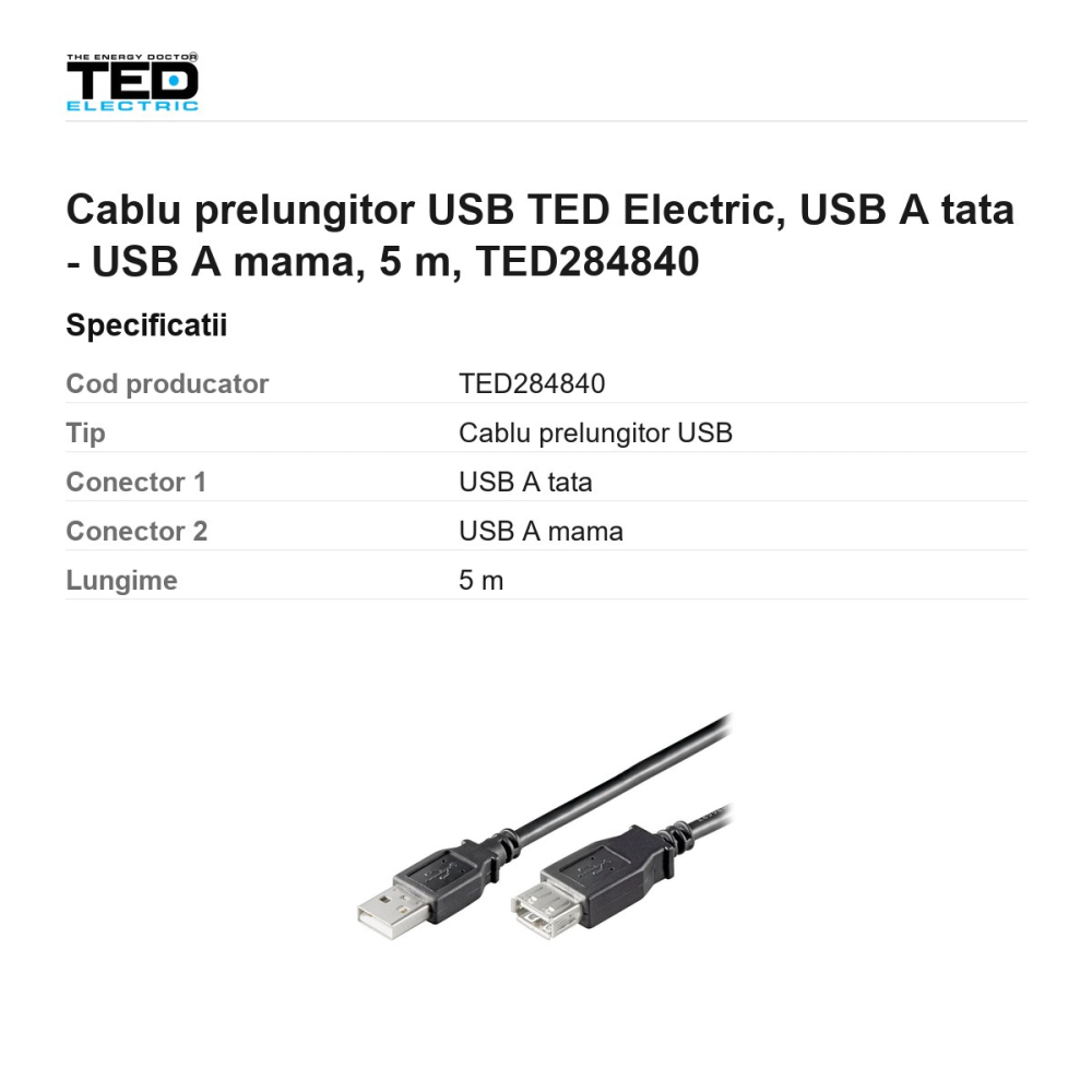 Cablu prelungitor USB TED Electric, USB A tata - USB A mama, 5 m, TED284840 [3]