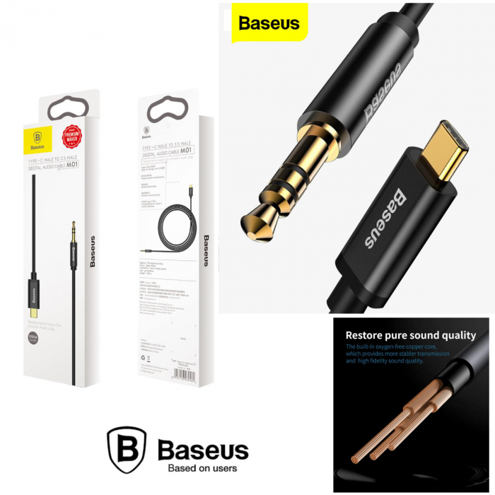 Cablu premium audio digital, Baseus CAM01-01, USB tip C tata la jack 3.5 mm tata AUX cu 3 pini, 120 cm, negru [5]