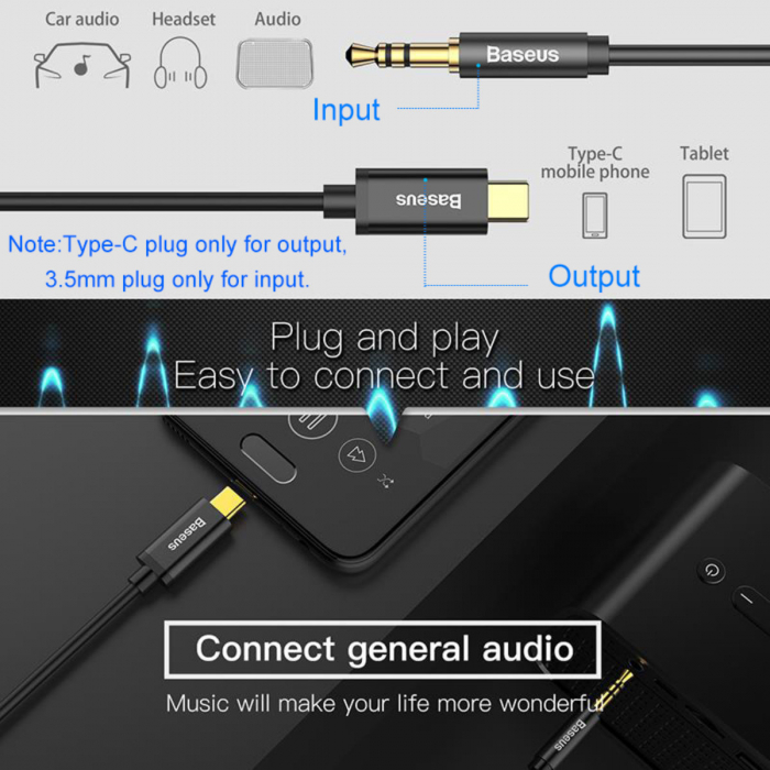 Cablu premium audio digital, Baseus CAM01-01, USB tip C tata la jack 3.5 mm tata AUX cu 3 pini, 120 cm, negru [4]