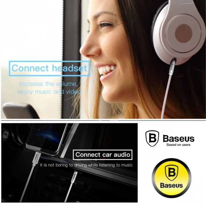 Cablu premium audio digital, Baseus CAM01-02, USB tip C tata la jack 3.5 mm tata AUX cu 3 pini, 120 cm, alb [5]