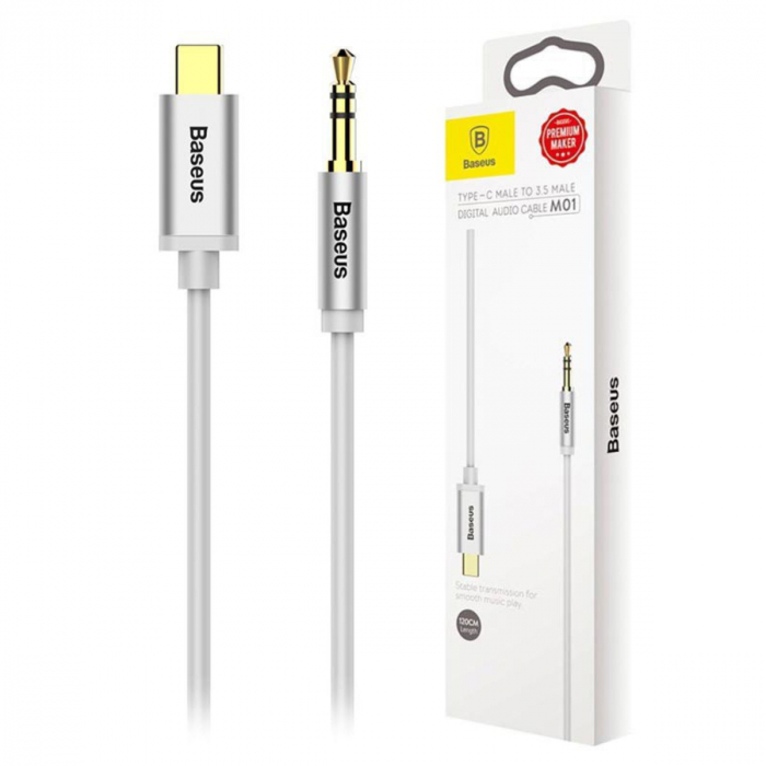 Cablu premium audio digital, Baseus CAM01-02, USB tip C tata la jack 3.5 mm tata AUX cu 3 pini, 120 cm, alb [3]