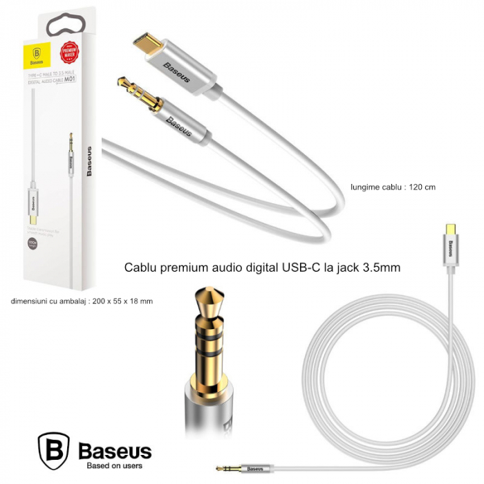 Cablu premium audio digital, Baseus CAM01-02, USB tip C tata la jack 3.5 mm tata AUX cu 3 pini, 120 cm, alb [6]