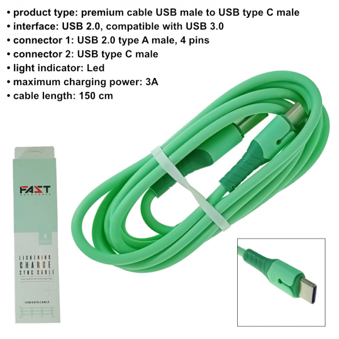 Cablu premium de incarcare rapida, LED, USB 2.0 tata la USB tip C tata, Liquid Soft Rubber, 1.5m, 3A, verde [6]