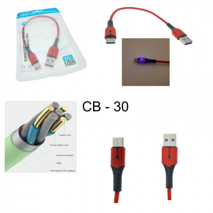 Cablu premium de incarcare rapida, LED, USB 2.0 tata la USB tip C tata, Liquid Soft Rubber, 25 cm, 3A, rosu [6]