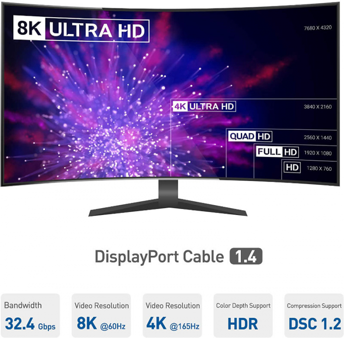 Cablu premium DisplayPort tata la DisplayPort tata v.1.4, Lanberg 42898, 1m, 8K 60Hz, HDR, DSC 1.2, negru [5]