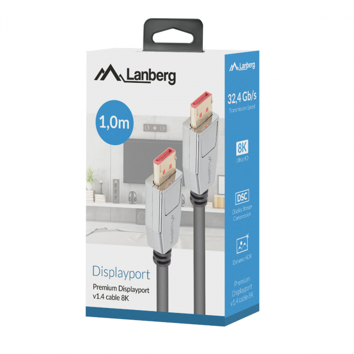 Cablu premium DisplayPort tata la DisplayPort tata v.1.4, Lanberg 42898, 1m, 8K 60Hz, HDR, DSC 1.2, negru [3]