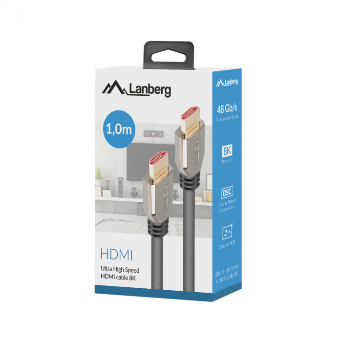 Cablu premium HDMI v.2.1 8K la 60Hz, 1 metru, Lanberg 42895, suport DSC 1.2, Dinamic HDR, eARC, ALLM, QFT [3]