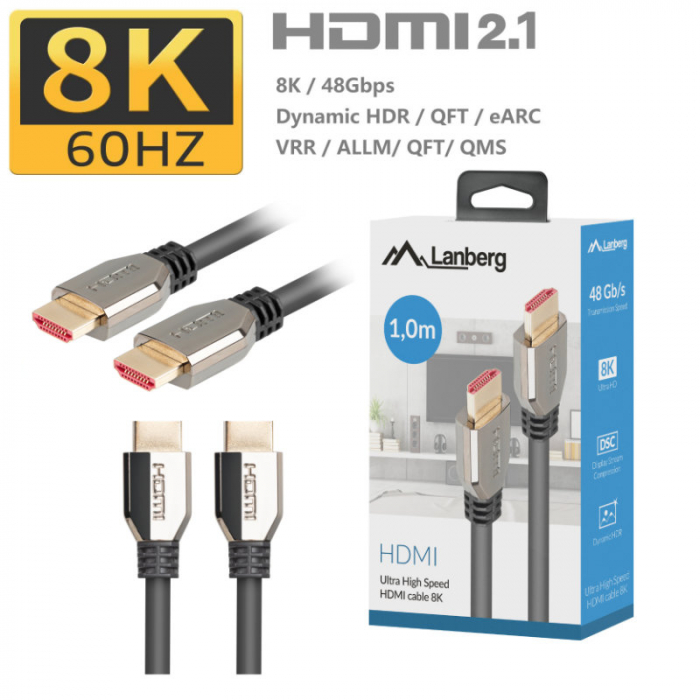 Cablu premium HDMI v.2.1 8K la 60Hz, 1 metru, Lanberg 42895, suport DSC 1.2, Dinamic HDR, eARC, ALLM, QFT [5]