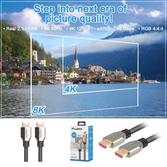 Cablu premium HDMI v.2.1 8K la 60Hz, 1 metru, Lanberg 42895, suport DSC 1.2, Dinamic HDR, eARC, ALLM, QFT [4]