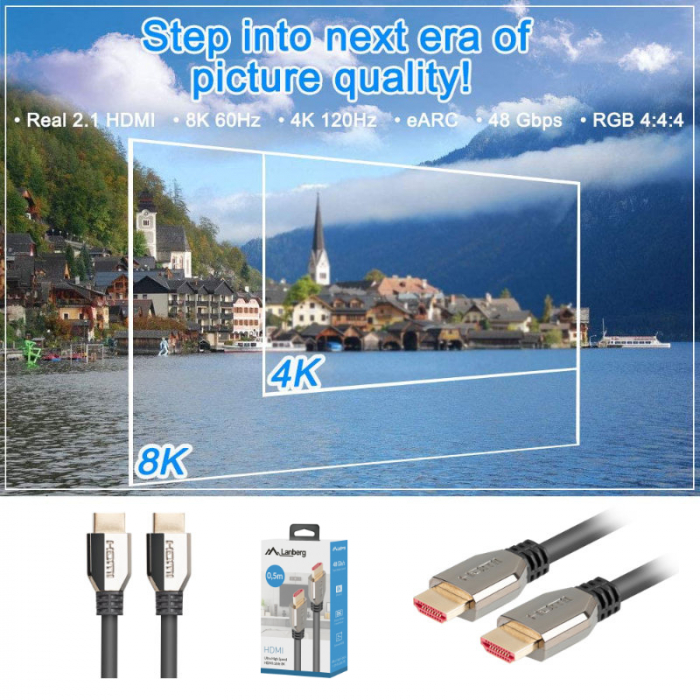 Cablu premium HDMI v.2.1 8K la 60Hz, 50 cm, Lanberg 42894, suport DSC 1.2, Dinamic HDR, eARC, ALLM, QFT [4]