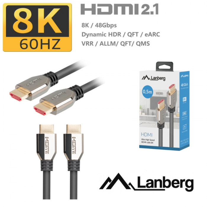 Cablu premium HDMI v.2.1 8K la 60Hz, 50 cm, Lanberg 42894, suport DSC 1.2, Dinamic HDR, eARC, ALLM, QFT [5]