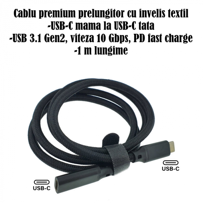 Cablu premium prelungitor USB-C mama la USB-C tata, USB 3.1 Gen2, viteza 10 Gbps, 1m, PD fast charge, cu invelis textil, negru [6]
