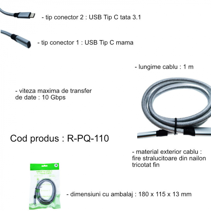 Cablu premium prelungitor USB Tip C mama la USB Tip C 3.1 tata, viteza 10 Gbps, 1m, cu invelis textil, gri [6]