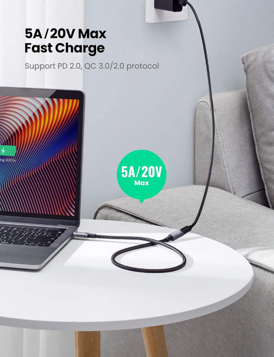 Cablu premium prelungitor USB Tip C mama la USB Tip C 3.1 tata, viteza 10 Gbps, 1m, cu invelis textil, gri [8]