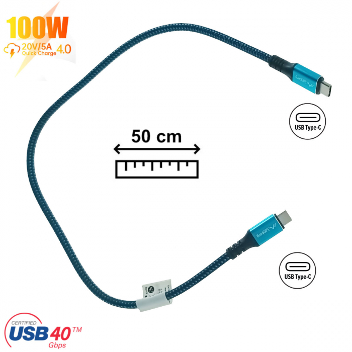 Cablu premium USB tip C v.4.0, tata-tata, 0.5m, Lanberg 43673, PD 100W, 5K@60HZ, 40Gbps, negru-albastru [2]