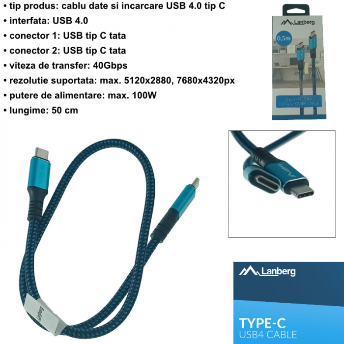 Cablu premium USB tip C v.4.0, tata-tata, 0.5m, Lanberg 43673, PD 100W, 5K@60HZ, 40Gbps, negru-albastru [6]