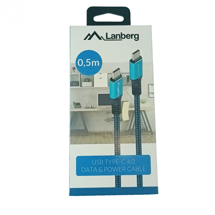 Cablu premium USB tip C v.4.0, tata-tata, 0.5m, Lanberg 43673, PD 100W, 5K@60HZ, 40Gbps, negru-albastru [5]