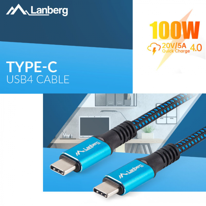 Cablu premium USB tip C v.4.0, tata-tata, 0.5m, Lanberg 43673, PD 100W, 5K@60HZ, 40Gbps, negru-albastru [7]