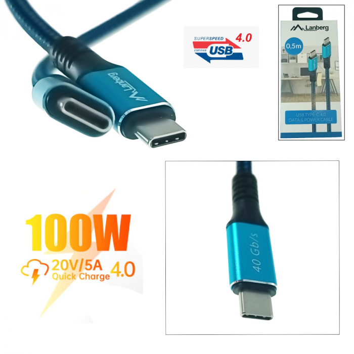 Cablu premium USB tip C v.4.0, tata-tata, 0.5m, Lanberg 43673, PD 100W, 5K@60HZ, 40Gbps, negru-albastru [4]