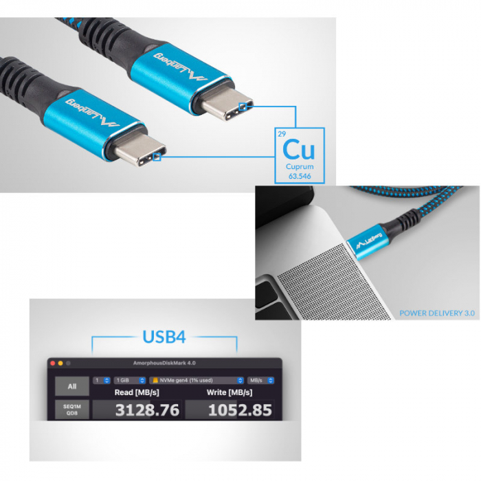 Cablu premium USB tip C v.4.0, tata-tata, 0.5m, Lanberg 43673, PD 100W, 5K@60HZ, 40Gbps, negru-albastru [8]