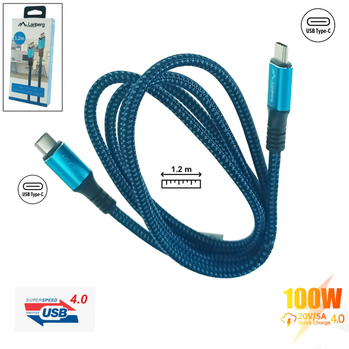 Cablu premium USB tip C v.4.0, tata-tata, 1.2m, Lanberg 43674, PD 100W, 5K@60HZ, 40Gbps, negru-albastru [4]