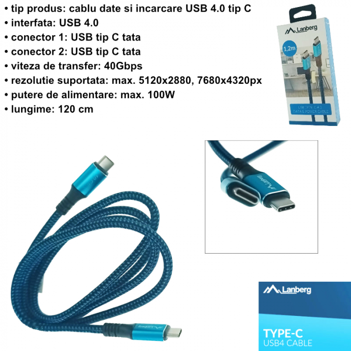 Cablu premium USB tip C v.4.0, tata-tata, 1.2m, Lanberg 43674, PD 100W, 5K@60HZ, 40Gbps, negru-albastru [6]