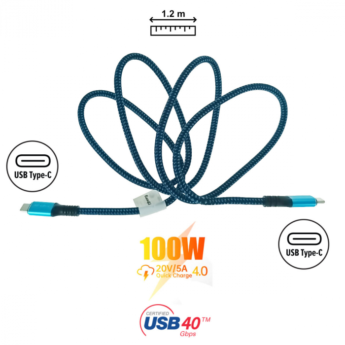 Cablu premium USB tip C v.4.0, tata-tata, 1.2m, Lanberg 43674, PD 100W, 5K@60HZ, 40Gbps, negru-albastru [2]