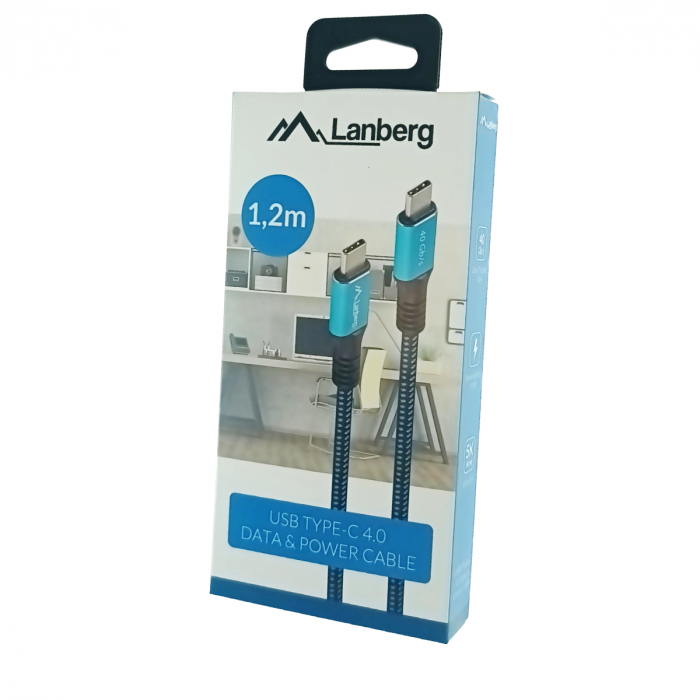 Cablu premium USB tip C v.4.0, tata-tata, 1.2m, Lanberg 43674, PD 100W, 5K@60HZ, 40Gbps, negru-albastru [5]
