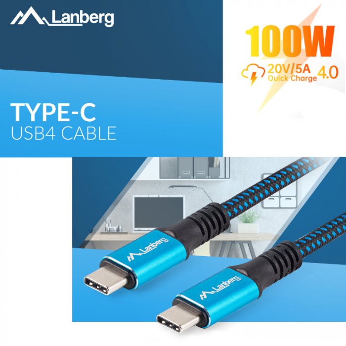 Cablu premium USB tip C v.4.0, tata-tata, 1.2m, Lanberg 43674, PD 100W, 5K@60HZ, 40Gbps, negru-albastru [7]