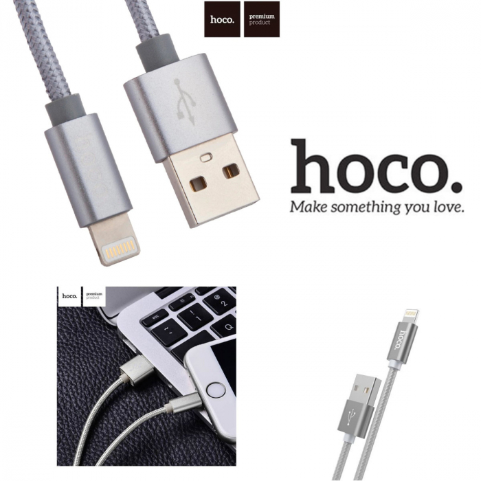 Cablu prevazut cu conectori USB tata si lightning tata, Hoco X2 Knitted, 2.4A, lungime 1m, gri [4]