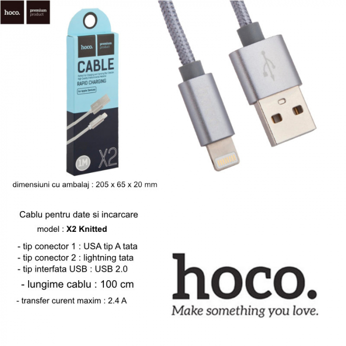 Cablu prevazut cu conectori USB tata si lightning tata, Hoco X2 Knitted, 2.4A, lungime 1m, gri [5]