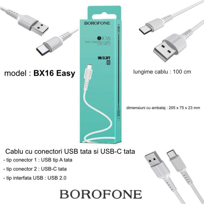 Cablu Date Micro Usb Borofone BX16 Easy 2A 1m, alb [6]