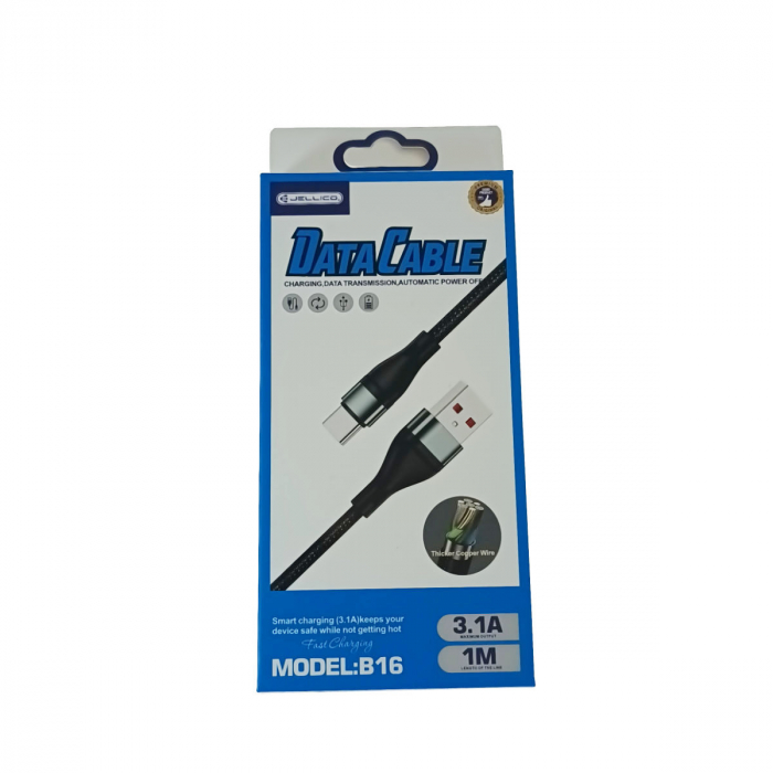 Cablu prevazut cu conectori USB tata si USB tip C, Jellico B16, 3.1A, lungime 1m, Negru [3]