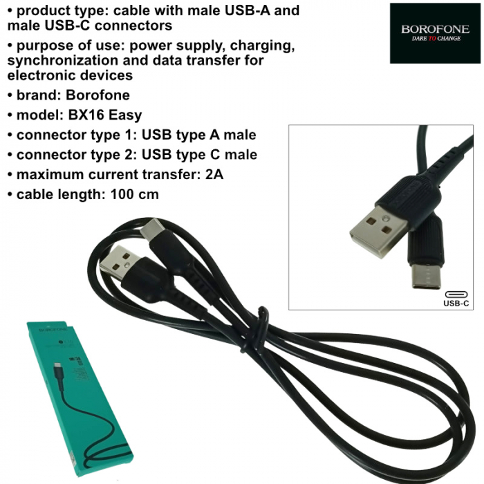 Cablu prevazut cu conectori USB tata si USB tip C tata, Borofone BX16 Easy 09947, lungime 1m, negru [6]