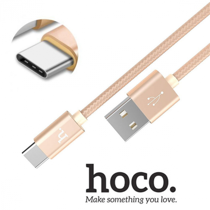 Cablu prevazut cu conectori USB tata si USB tip C tata, Hoco X2 Knitted, 2.4A, lungime 1m, auriu [4]