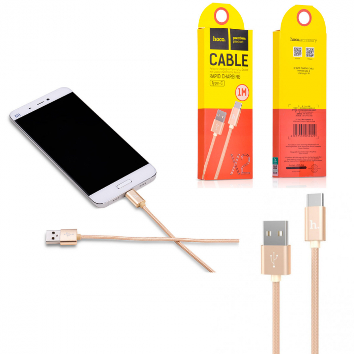 Cablu prevazut cu conectori USB tata si USB tip C tata, Hoco X2 Knitted, 2.4A, lungime 1m, auriu [3]